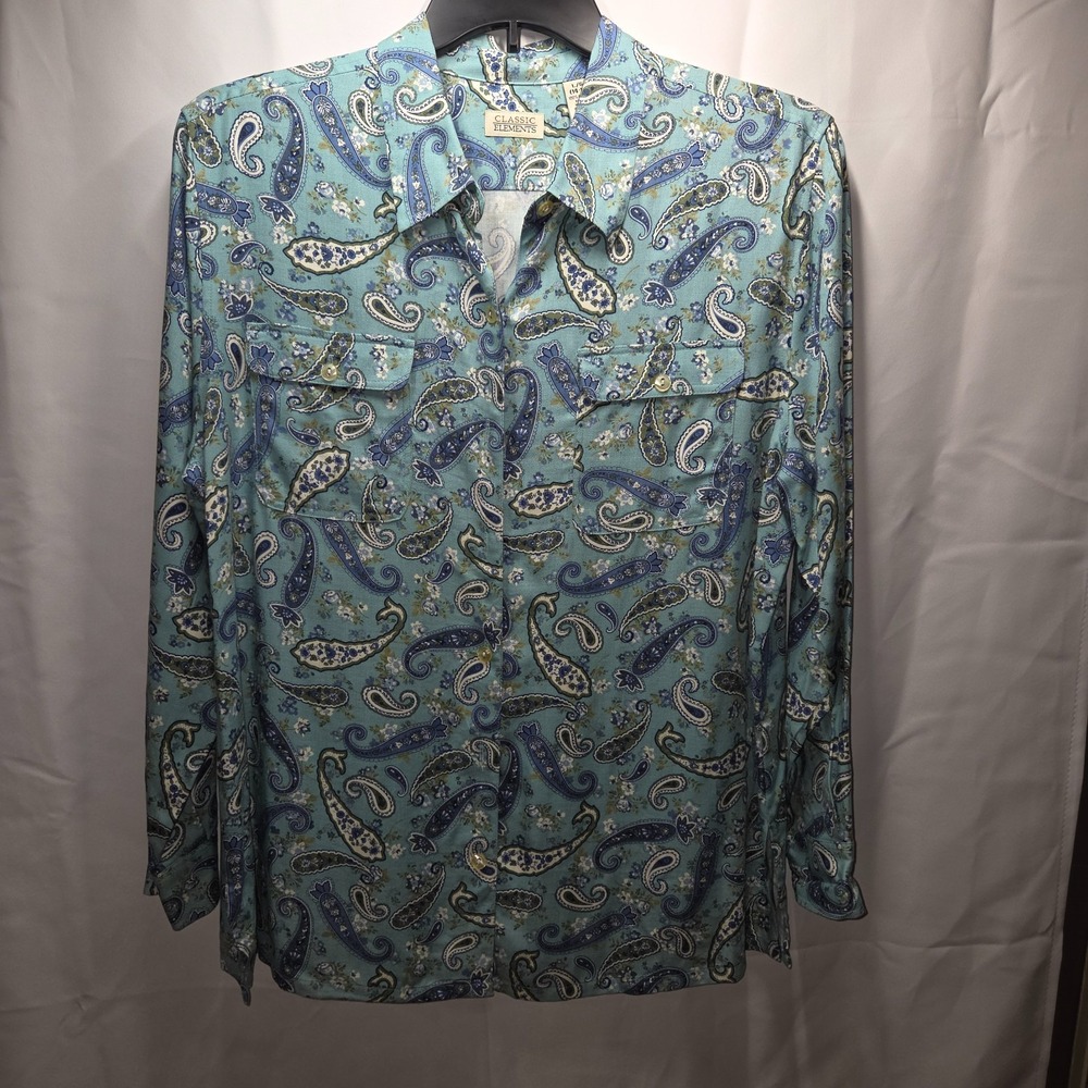 VTG Classic Elements Women's Blue Paisley Long Sleeve Shirt Large‎